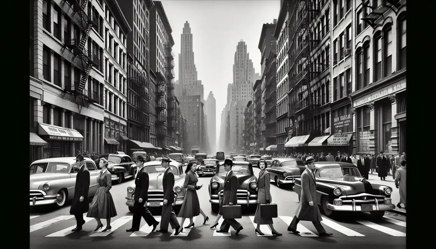 Bustling 1950s New York street scene with diverse pedestrians, vintage cars, and towering buildings, captured in a dynamic black and white photograph.