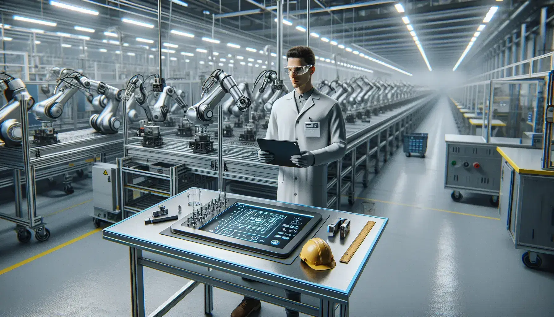Trabajador con bata y gafas de seguridad junto a mesa con casco y guantes en planta de manufactura con maquinaria industrial y brazos robóticos.