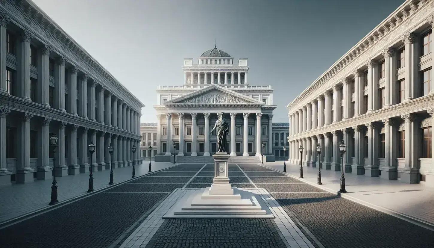 Conjunto de edificios neoclásicos con columnas corintias y un domo central, estatua de bronce en plaza adoquinada y faroles de hierro forjado bajo cielo azul claro.