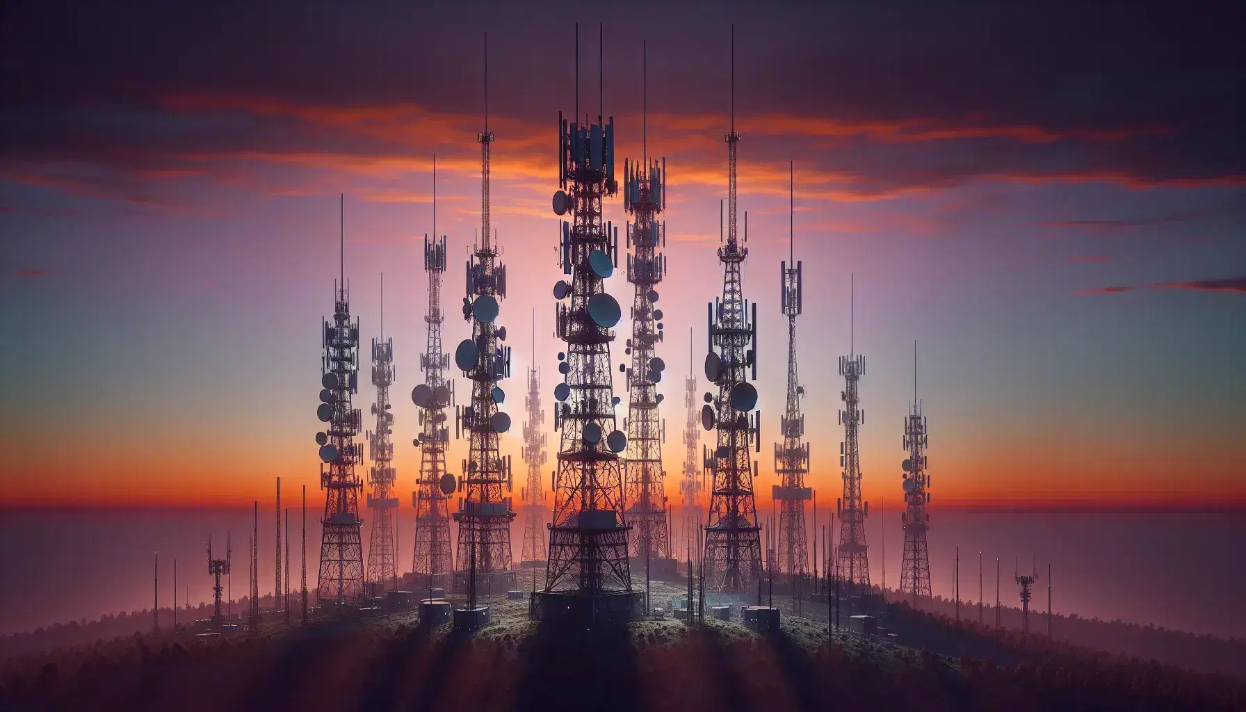 Torres de telecomunicaciones al atardecer con antenas diversas sobre un paisaje crepuscular de cielo naranja a violeta y vegetación oscura.