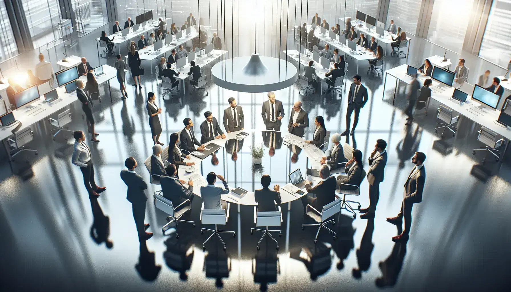 Diverse team collaborates around glass table in modern office with city view, reflecting professionalism and dynamic corporate culture.