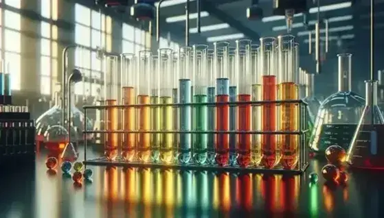 Tubi da laboratorio con liquidi colorati da giallo a rosso su scaffale, riflessi di luce su vetreria in ambiente di ricerca scientifica.