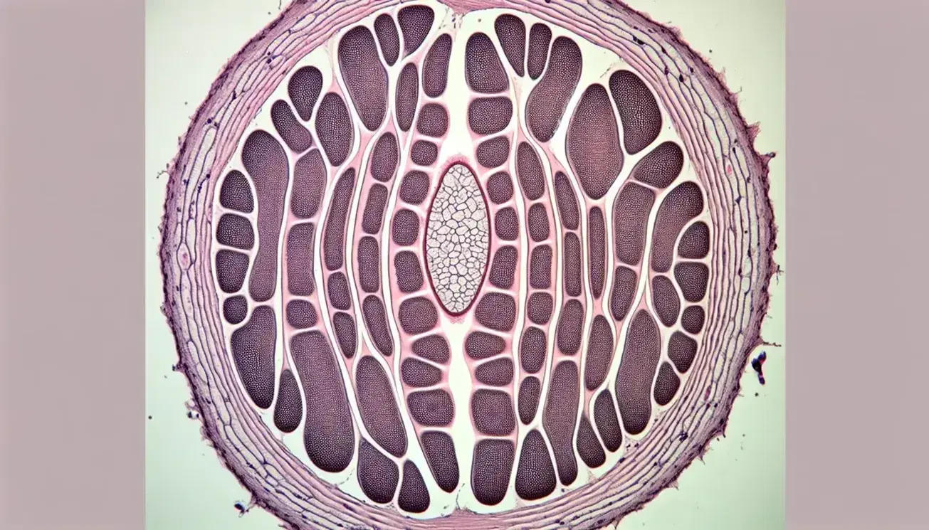 Sección transversal microscópica de una célula muscular con fibras paralelas y bandas de sarcomeros, destacando un mitocondrio central con textura granulada.