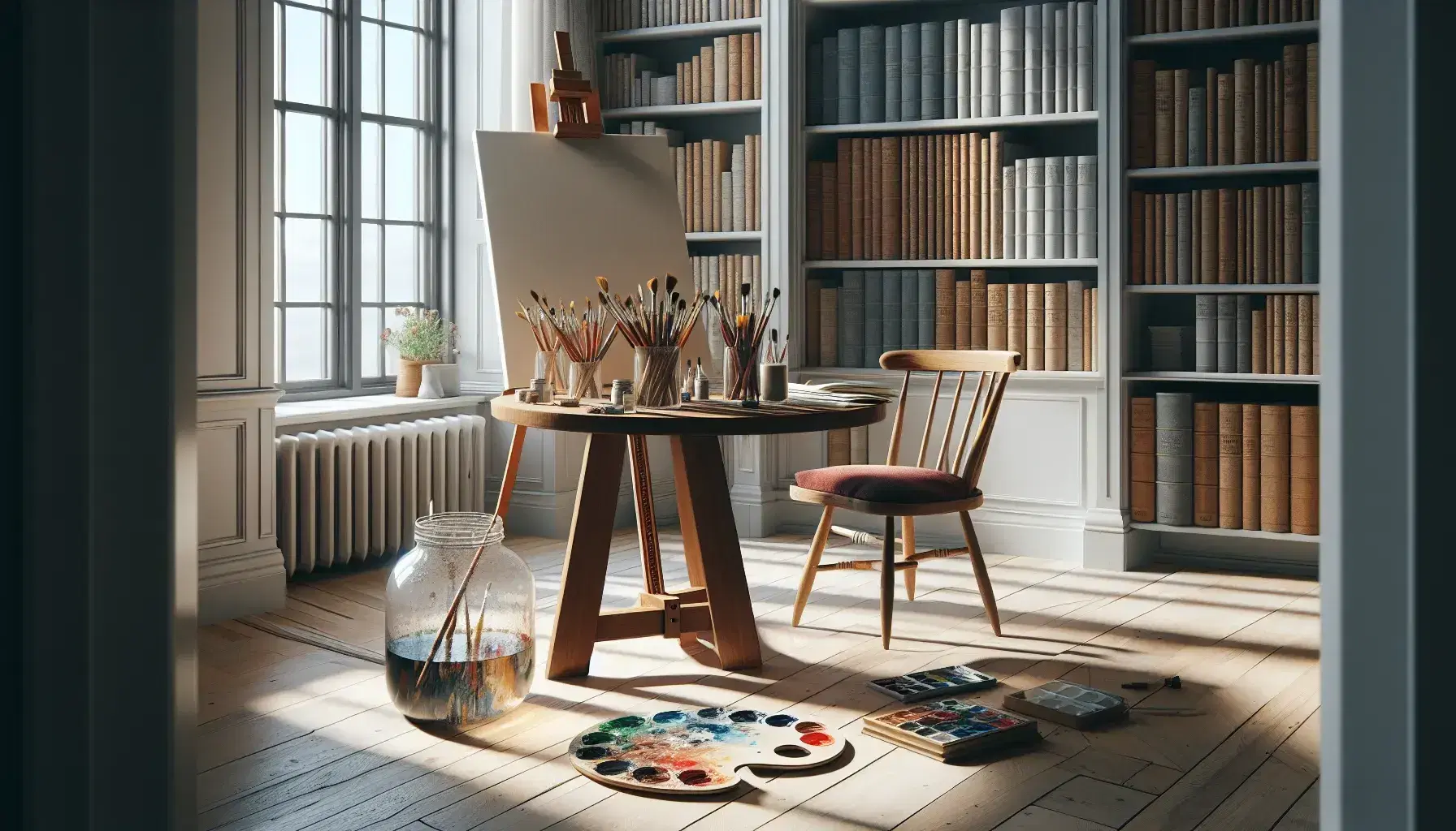 Estudio de arte luminoso con mesa y pinceles, paleta de colores, lienzo en caballete, frasco con agua coloreada y estanterías con libros.