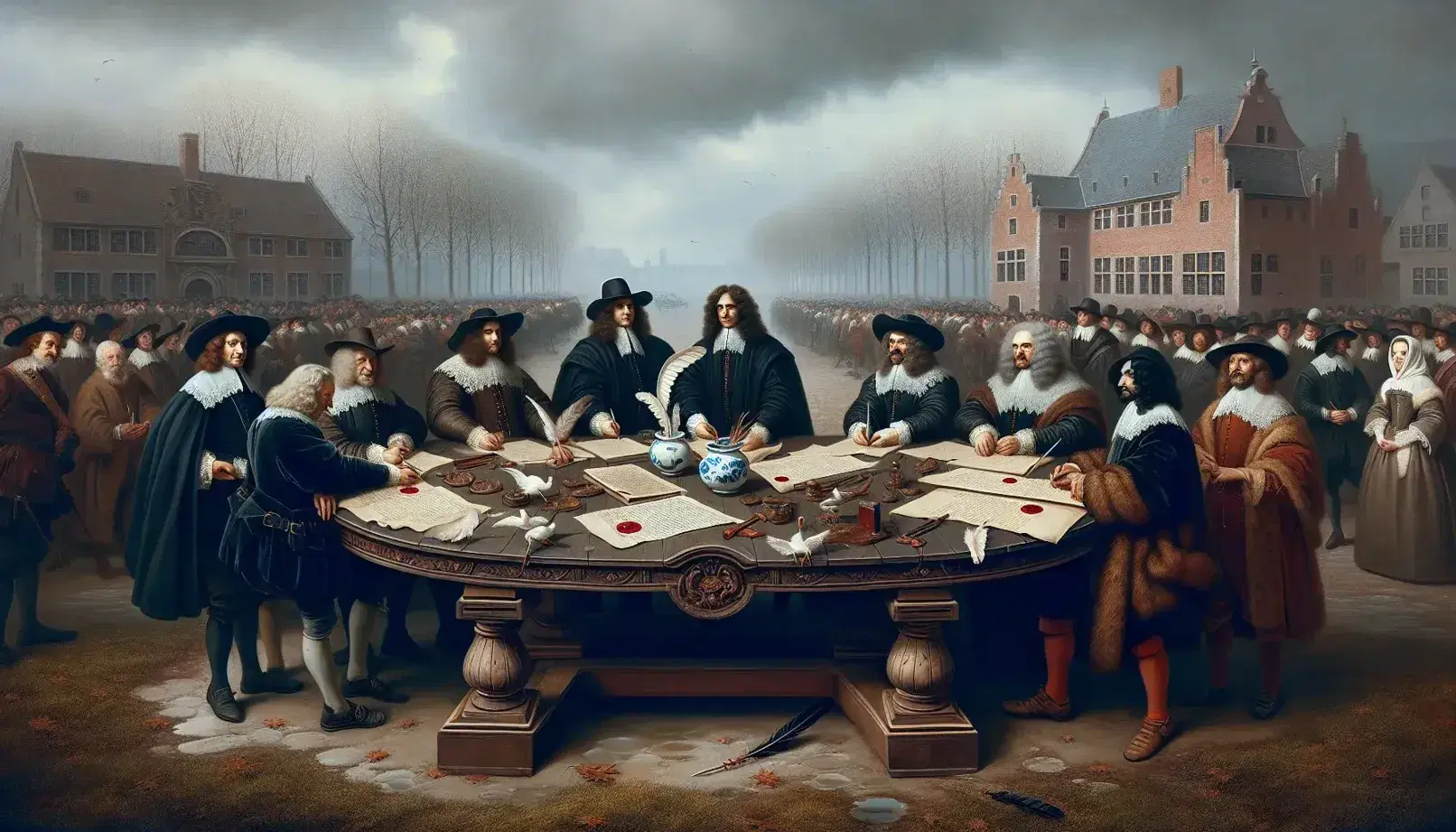 Firma della Pace di Westfalia con uomini in abiti del XVII secolo intorno a un tavolo riccamente decorato, soldati e civili osservano.