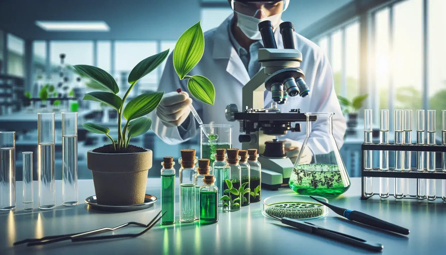 Genetic engineering lab with a scientist using a pipette, vibrant potted plant, vials of green liquid, microscope, and petri dish on a workbench.