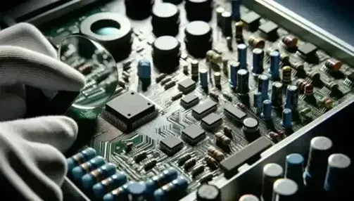 Schede circuiti stampati con microchip e componenti elettronici vari, mano con guanto antistatico e lente d'ingrandimento in sfondo sfocato.