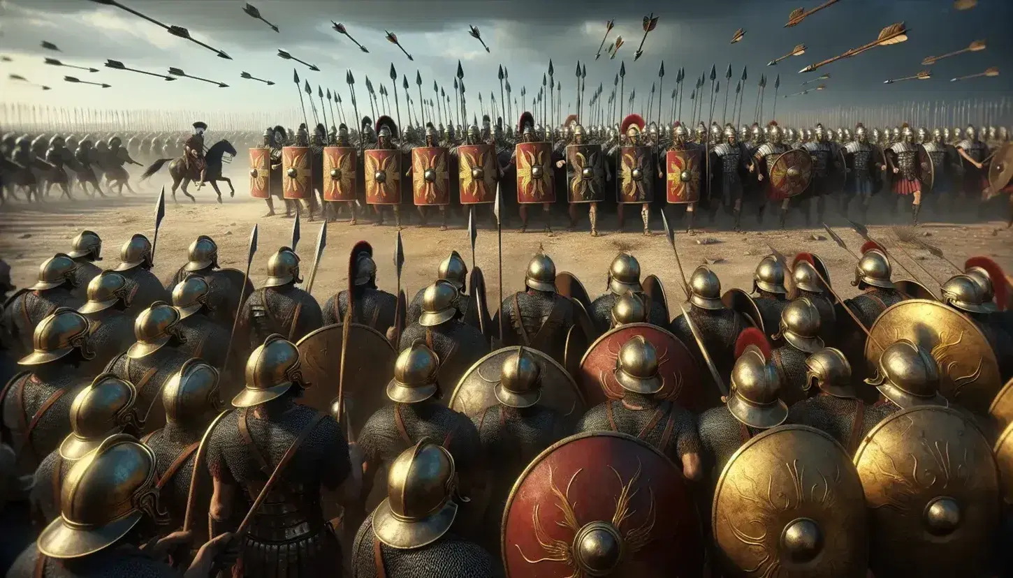 Legionari romani in formazione 'testuggine' con scudi rossi e elmi bronzei, aquile legionarie in alto, battaglia antica sotto cielo azzurro.