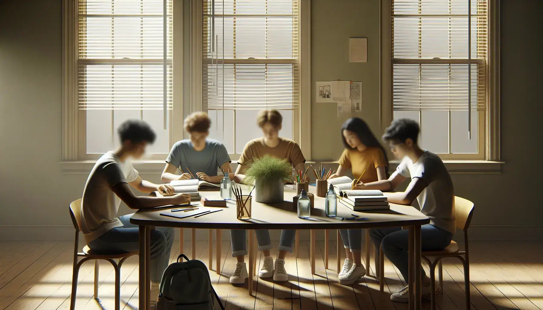 Four diverse students study together around a table with textbooks and stationery in a sunlit classroom with a bookshelf and white blinds.