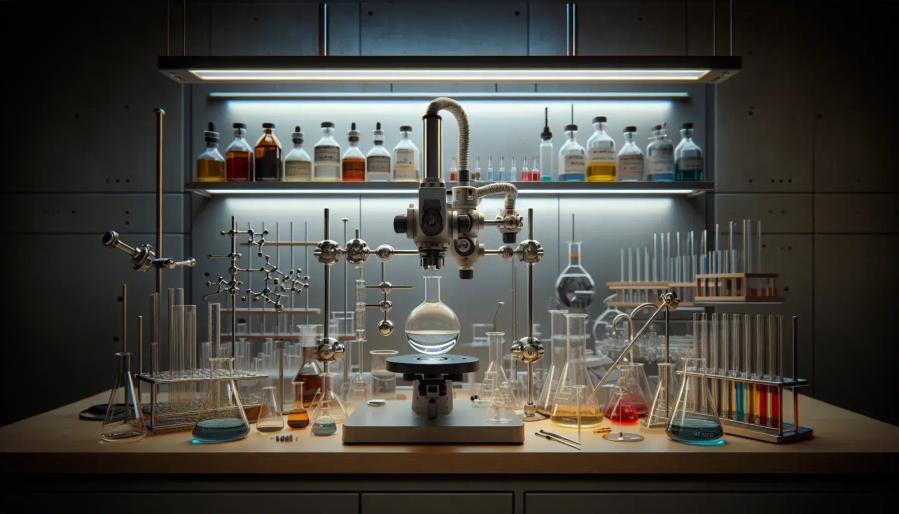 Laboratorio di chimica organica con tavolo di lavoro, becher con liquidi colorati, braccio meccanico che tiene una provetta e microscopio moderno.