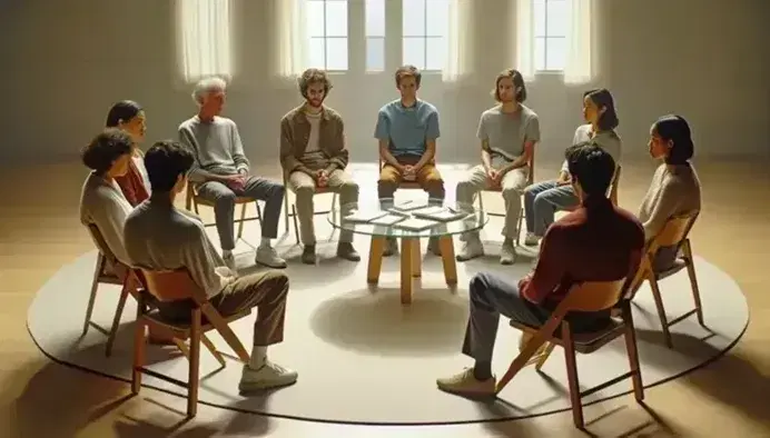 Grupo diverso de cinco personas sentadas en círculo en una sala iluminada, con mesa redonda y papeles, discutiendo seriamente sin dispositivos electrónicos.