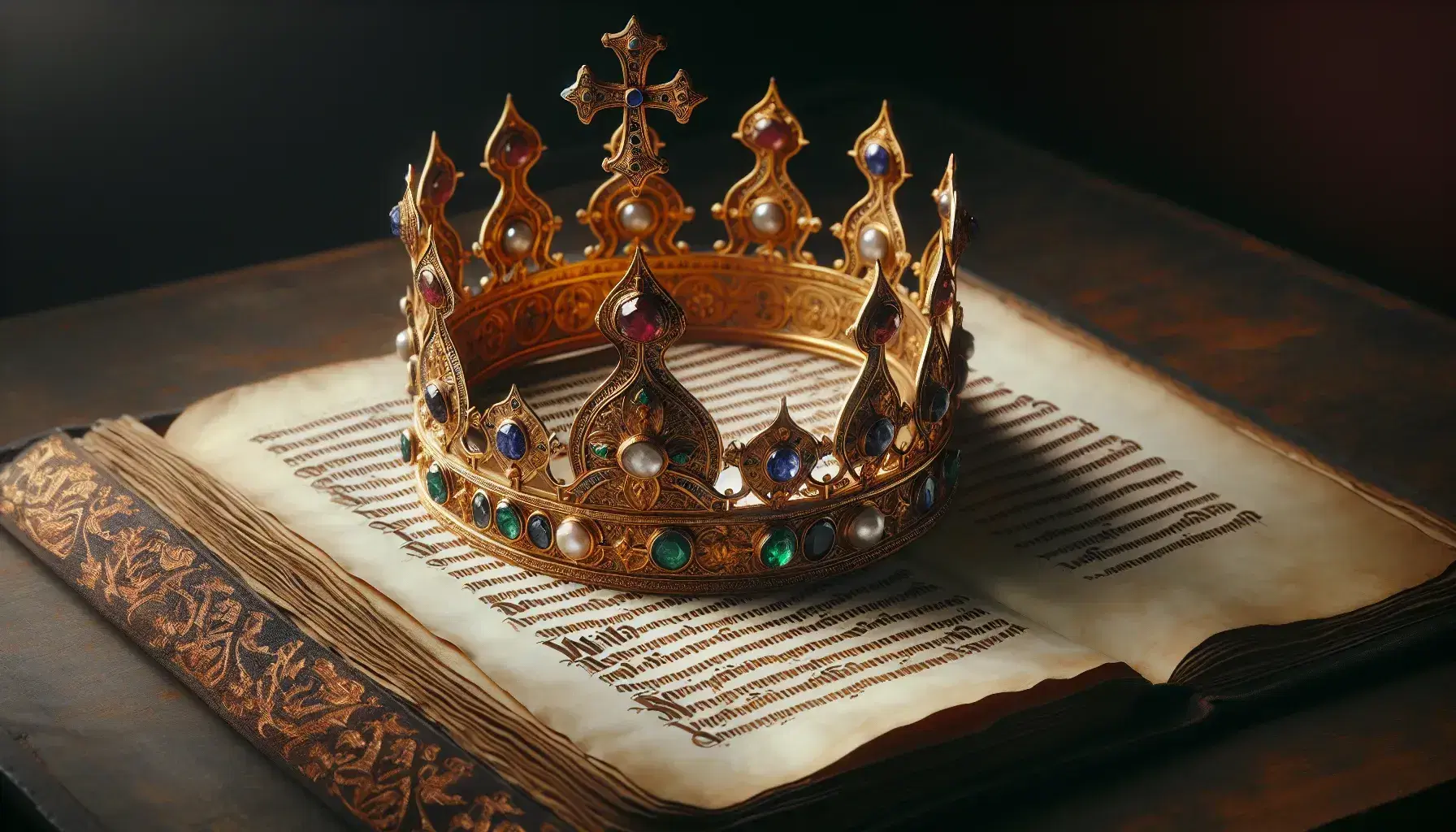 Corona imperiale carolingia dorata con pietre preziose e perle su manoscritto antico, su sfondo in legno scuro.