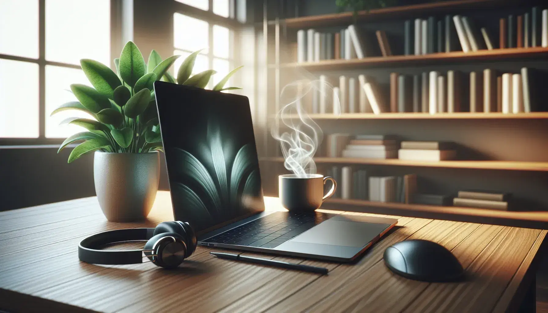 Modern office with wooden desk, turned on laptop, cup of steaming coffee, black headphones and green plant in terracotta pot.