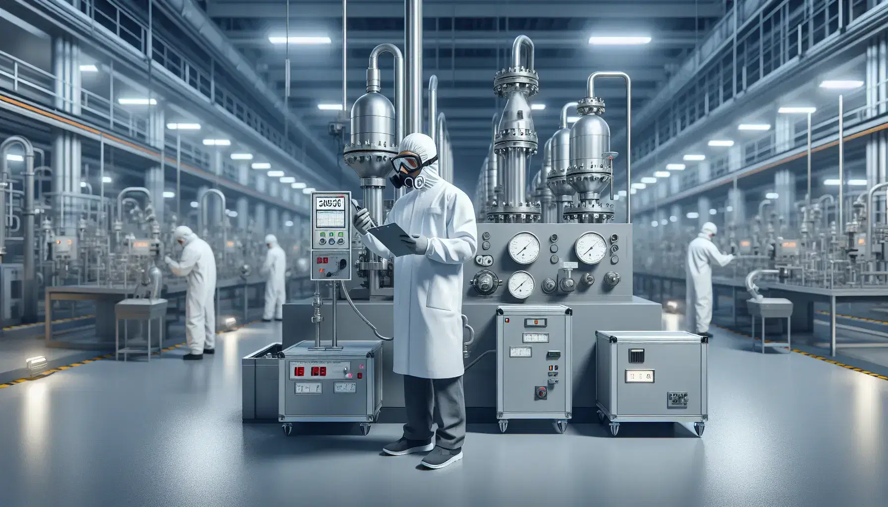 Técnico con casco y gafas de seguridad utiliza dispositivo de medición en planta industrial iluminada con maquinaria y compañeros trabajando.