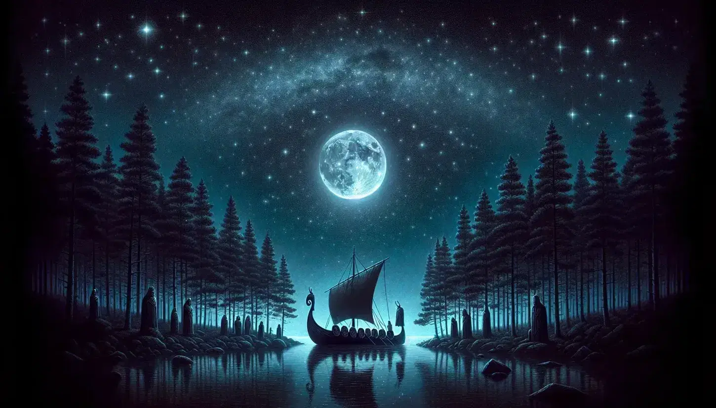 Serene Nordic forest clearing under a starry night sky with a full moon illuminating a Viking longship and wooden statues of Odin, Thor, and Freyja.