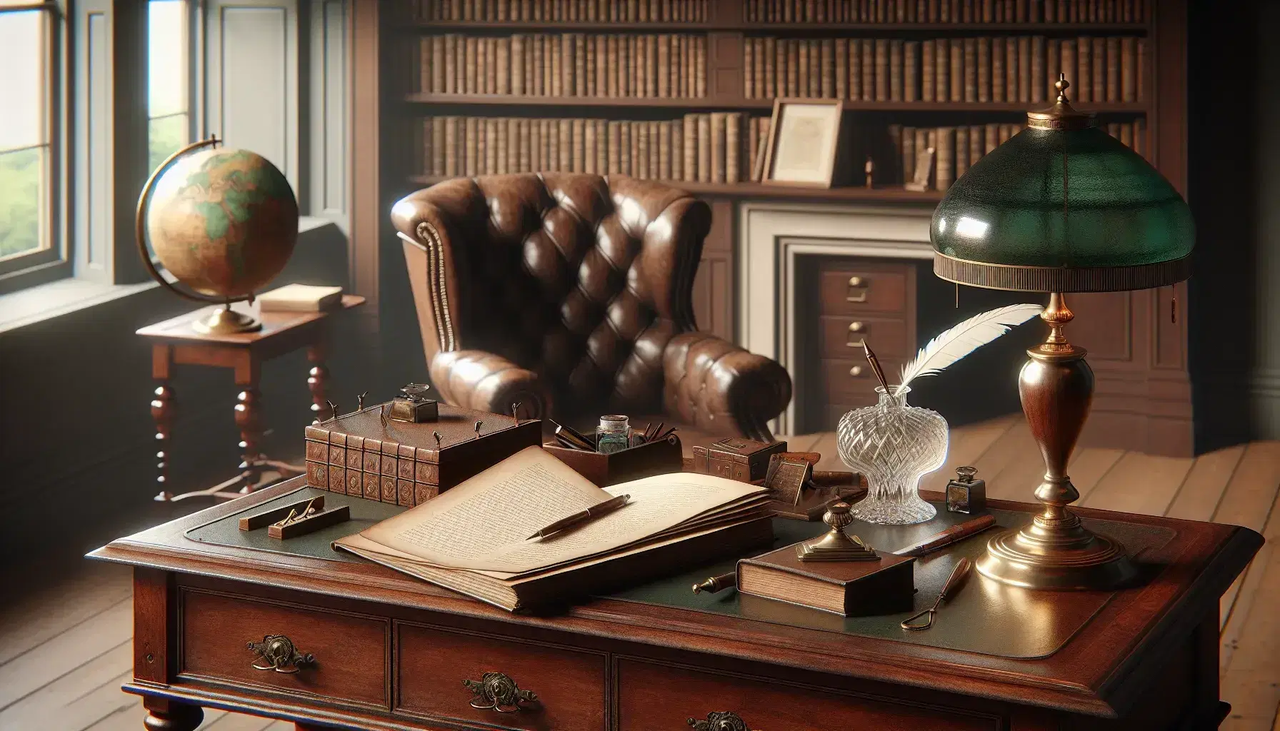 Traditional study room with oak desk, leather chair, crystal inkwell with quill, brass lamp, globe, and bookcase filled with leather-bound books.