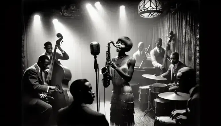 African-American jazz musicians perform in a 1920s club during the Harlem Renaissance, with saxophonist, singer and other instruments.