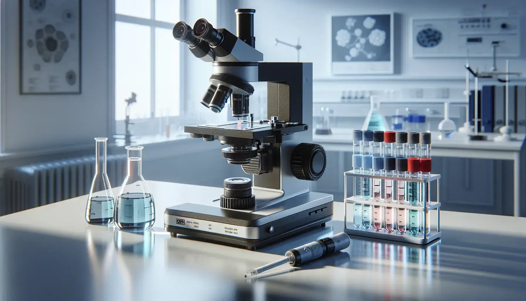 Microscopio ottico nero e argento con tre obiettivi su tavolo da laboratorio, provette colorate e pipetta automatica, ambiente di ricerca scientifica.
