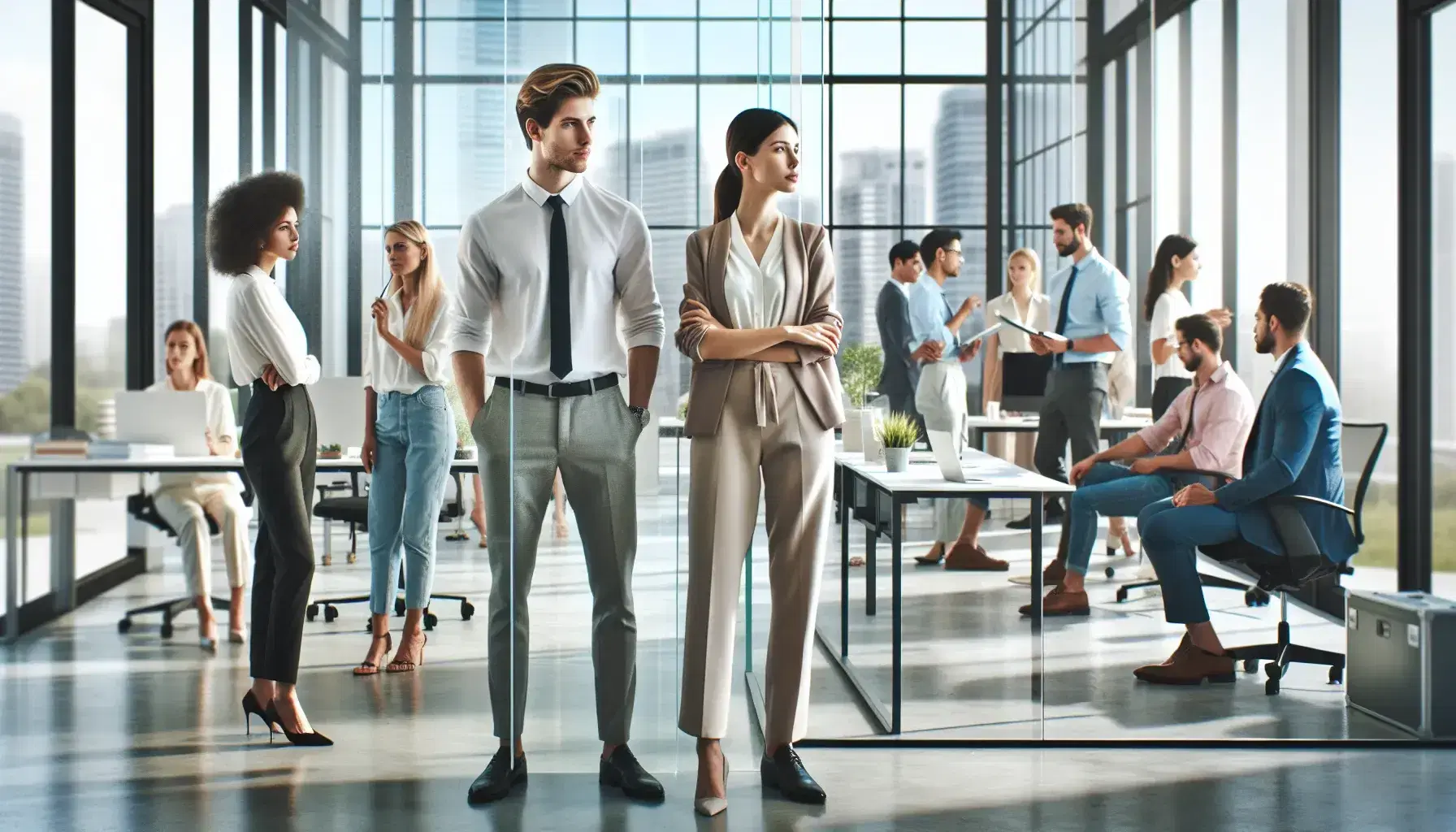 Grupo diverso de profesionales en oficina moderna con ventanas amplias, trabajando y colaborando en un ambiente luminoso y contemporáneo.