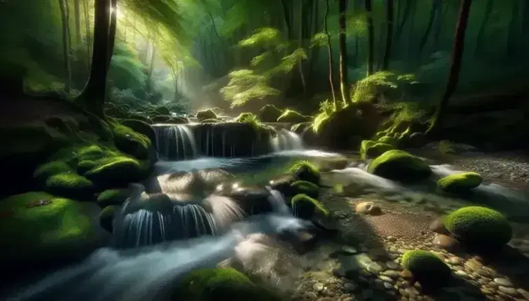 Freshwater stream meandering through a lush forest with a waterfall, visible pebbles, and sunlight filtering through the leaves.