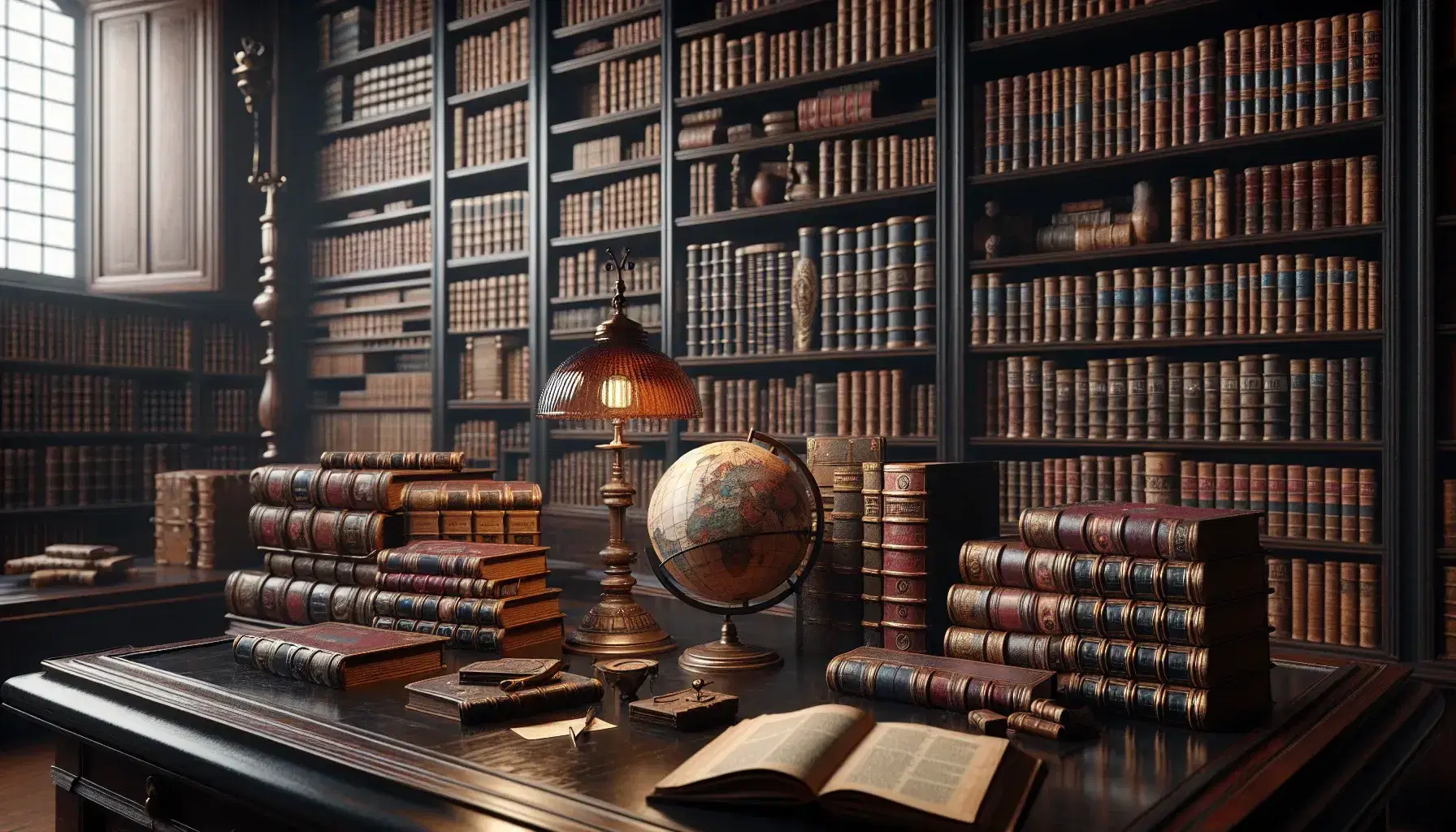 Biblioteca antica con scrivania in legno scuro, volumi rilegati, globo terrestre e lampada, in un'atmosfera storica e accogliente.