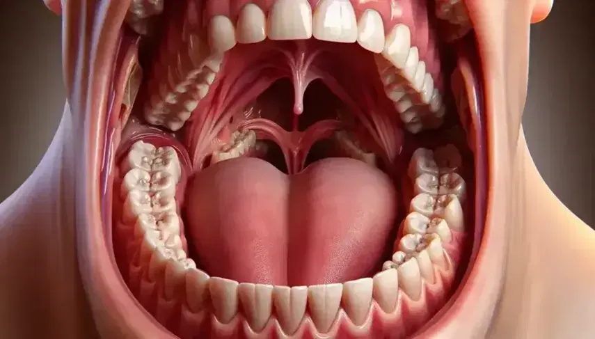 Close-up view of an open human mouth with healthy teeth, pink gums and uvula in the background, highlighting the tongue and throat.