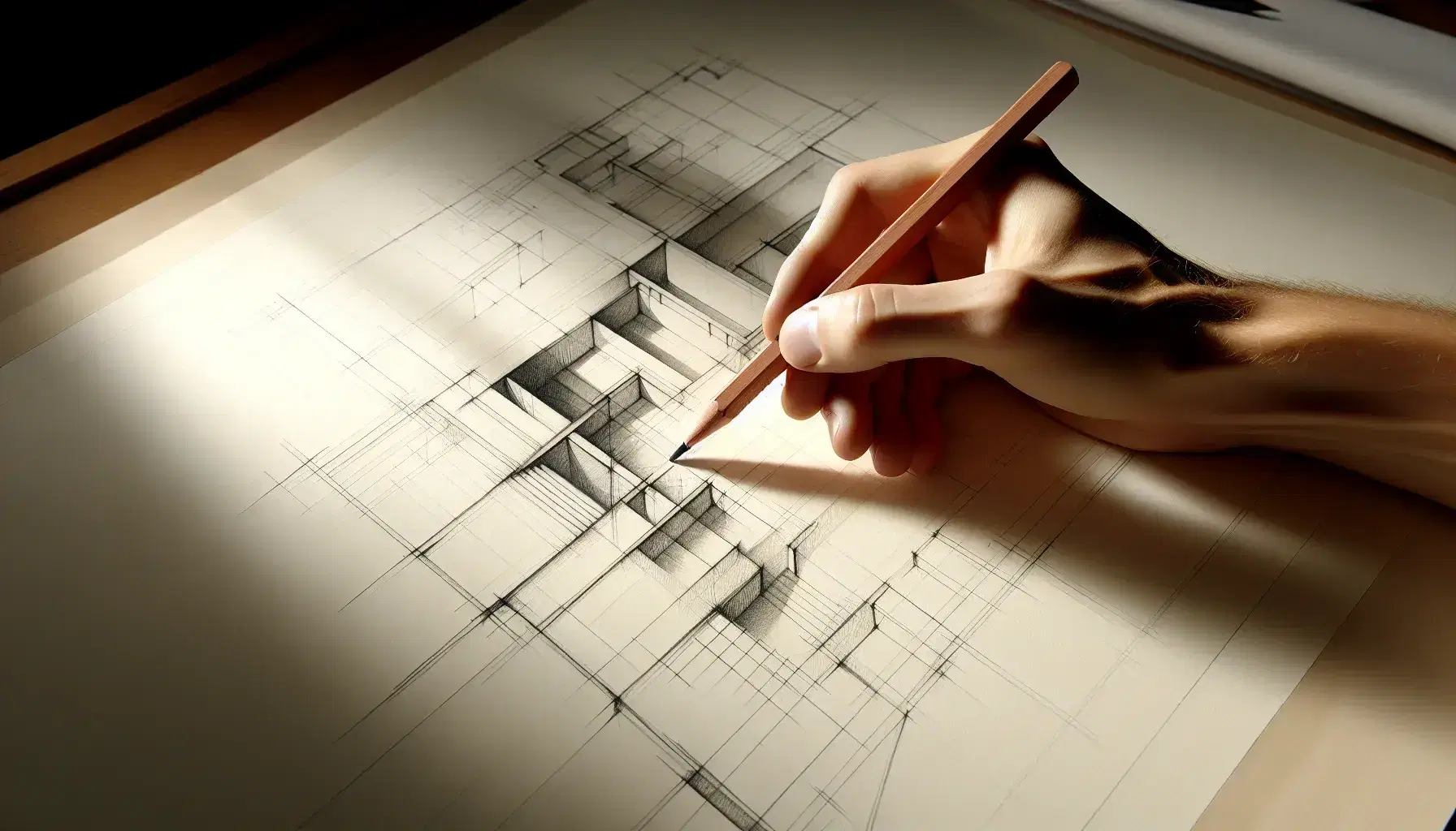 Mano sujetando lápiz de madera sobre papel dibujando boceto arquitectónico con líneas básicas de edificio, sombras suaves y enfoque en detalles del diseño.