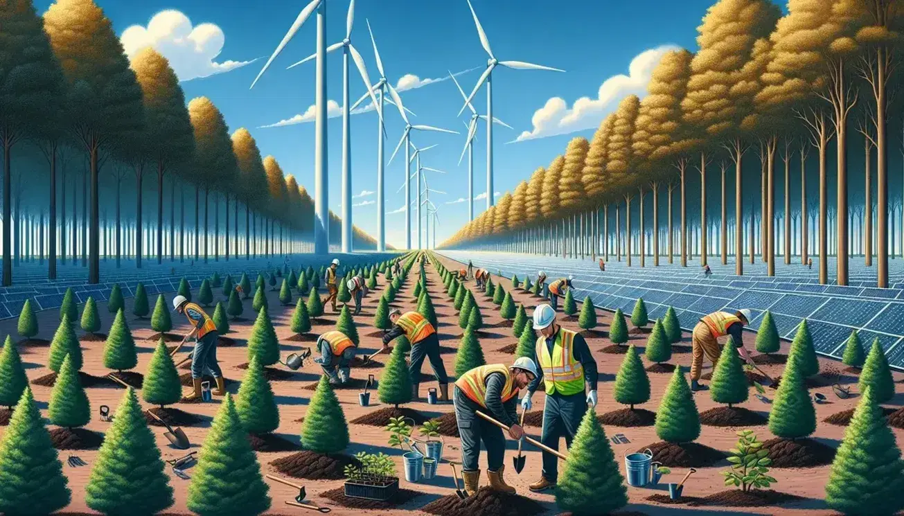 Grupo de tres personas plantando árboles con equipos de seguridad, fondo de bosque, turbinas eólicas y paneles solares en día soleado.