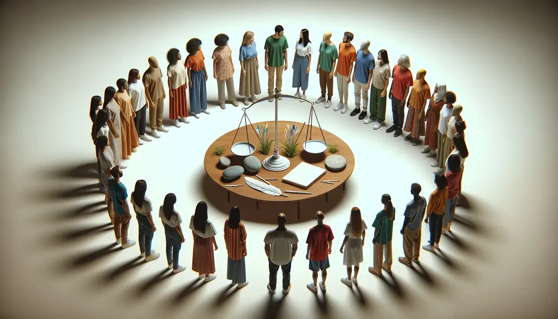 Grupo diverso de personas en semicírculo alrededor de una mesa con balanza equilibrada, pluma blanca y piedra gris, en un ambiente sereno.