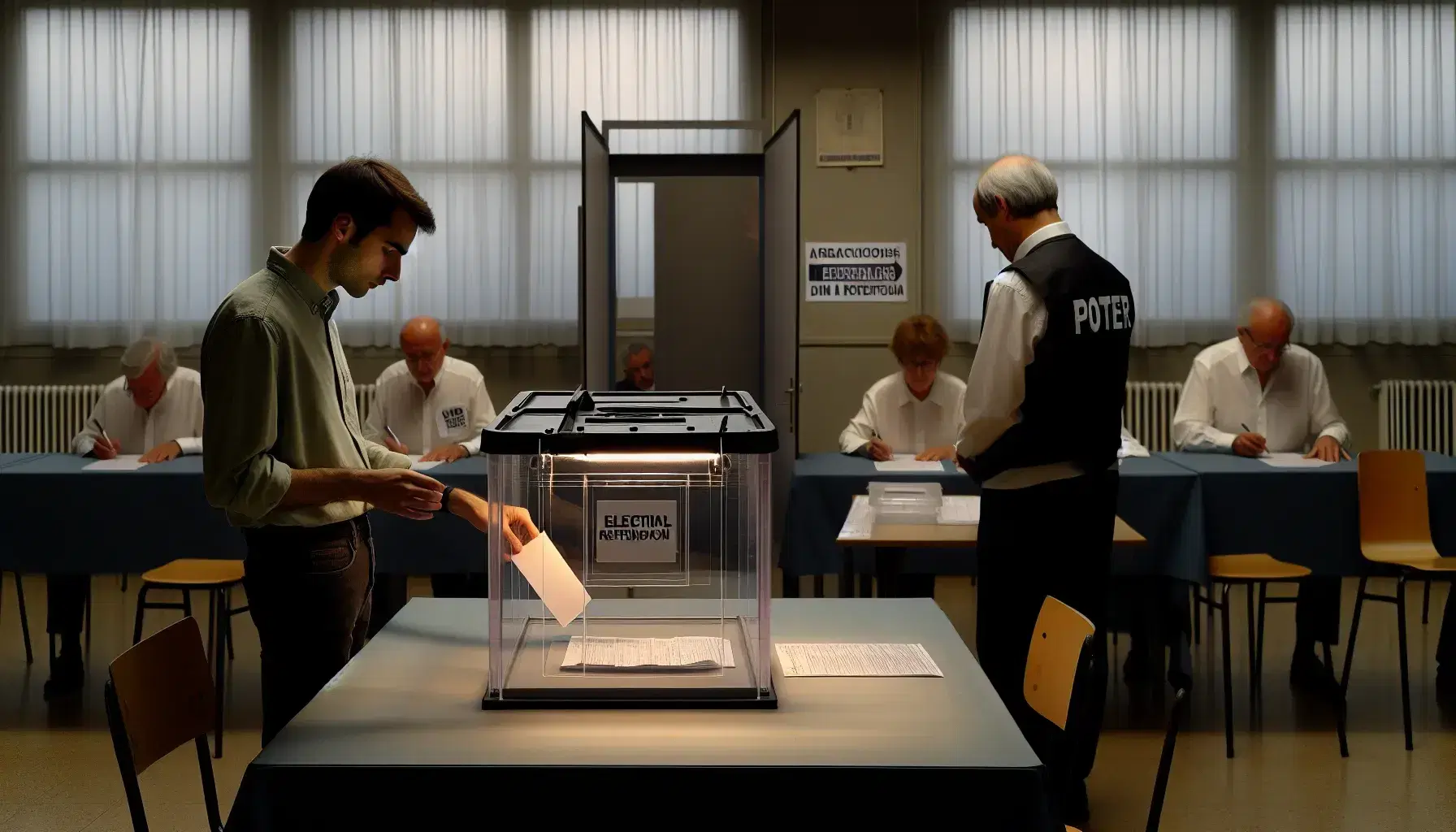 Urna trasparente per votazioni in un seggio elettorale con votante che inserisce la scheda, osservato da un membro del seggio.