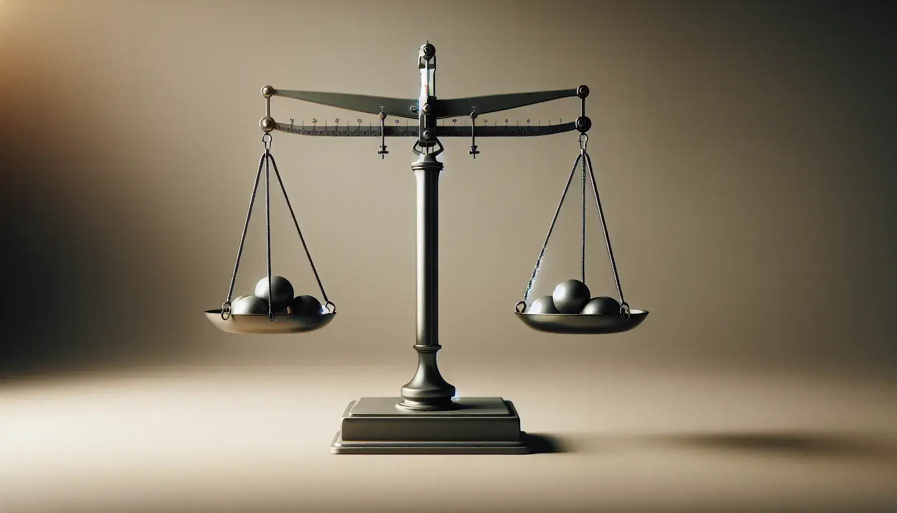 Bilancia a bracci uguali in equilibrio perfetto con pesi cubici identici su piatti simmetrici, su sfondo neutro sfocato.