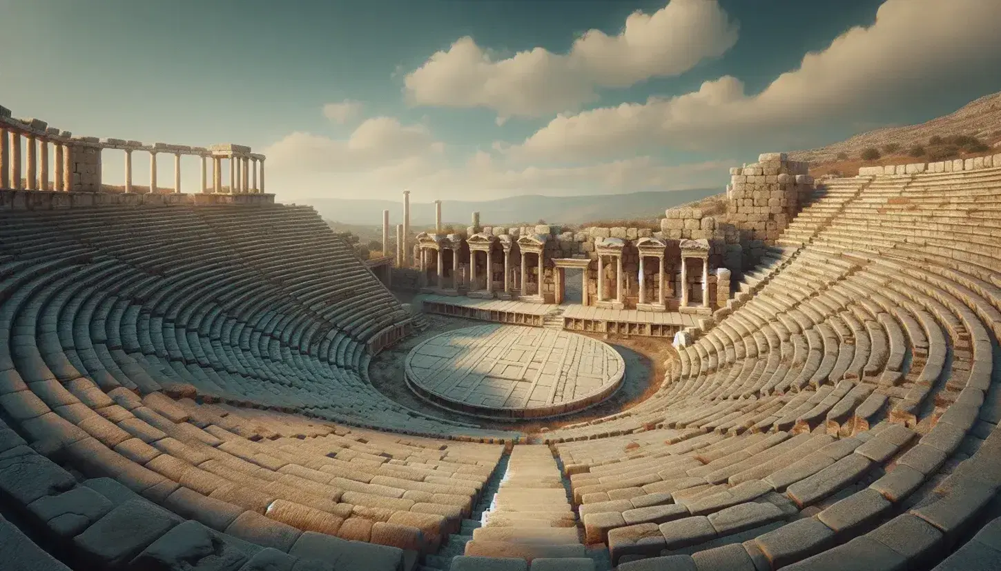 Ruinas de un teatro griego antiguo con asientos de piedra en semicírculo, plataforma central en la orquesta y restos de escenario bajo un cielo azul con vegetación mediterránea al fondo.