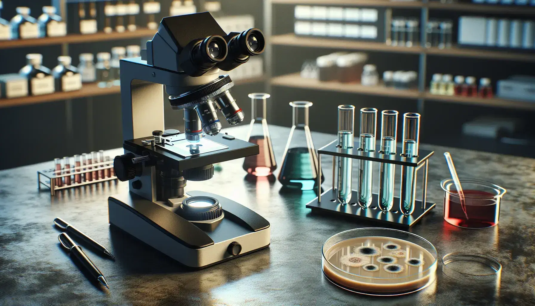 Microscopio ottico nero e argento con tre obiettivi su tavolo da laboratorio, provette con tappi colorati e piatto Petri con colture batteriche.