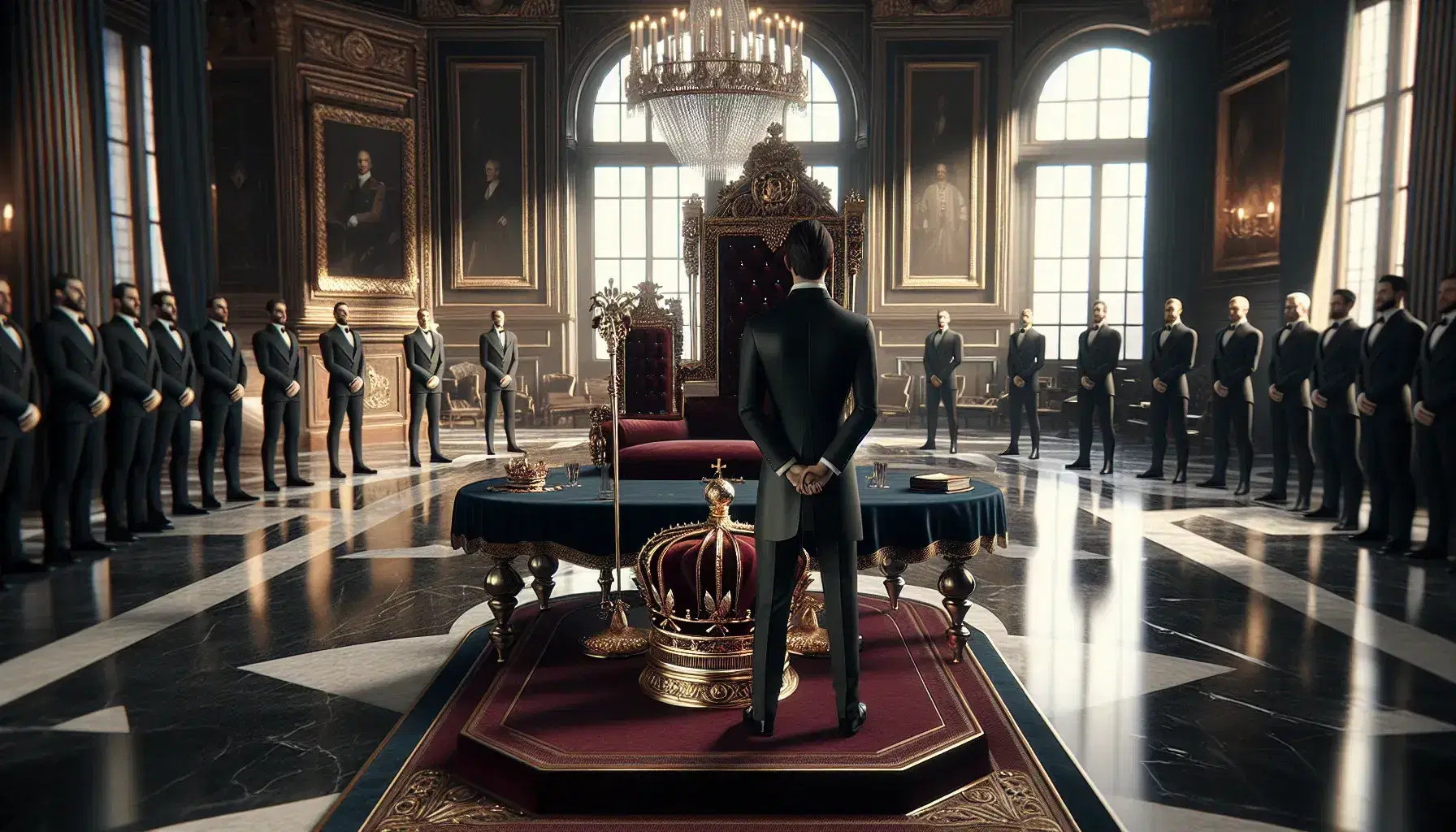 Hombre de traje oscuro frente a trono vacío rojo y dorado en salón elegante, con grupo de personas atentas y corona real sobre mesa de terciopelo azul.