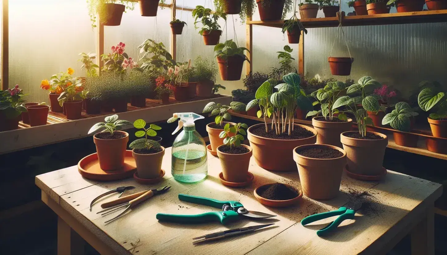 Mesa de trabajo de madera en invernadero con macetas de terracota y esquejes verdes, tijeras de podar y pulverizador, rodeados de plantas y flores coloridas.