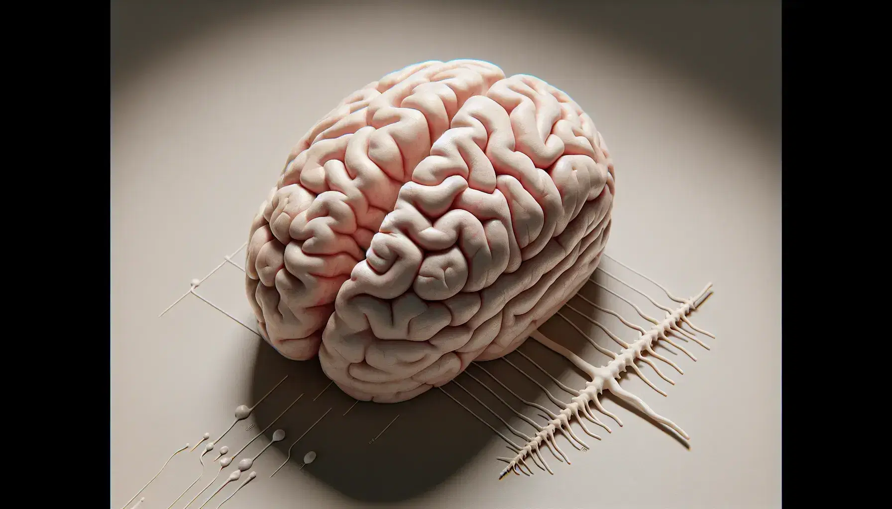 Modelo detallado de cerebro humano visto desde arriba con nervios craneales y tronco encefálico conectado a la médula espinal en superficie neutra.