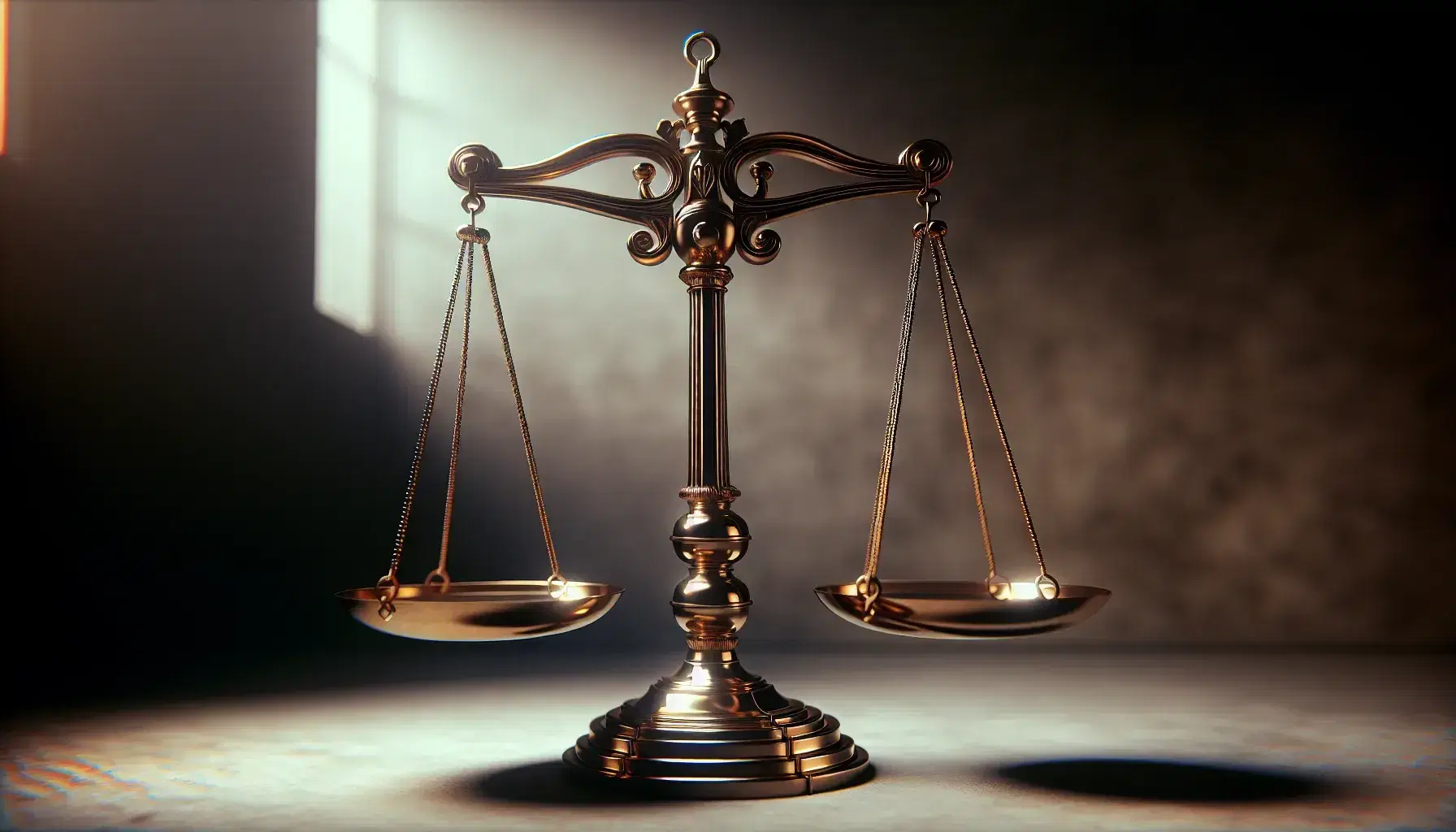 Balanza de justicia clásica equilibrada en metal brillante con base sólida y fondo de pared de piedra desenfocada.