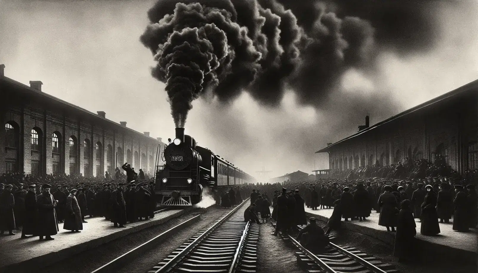 Treno a vapore fermo su binari con fumo durante la Rivoluzione Russa del 1917, persone in attività sulla piattaforma.