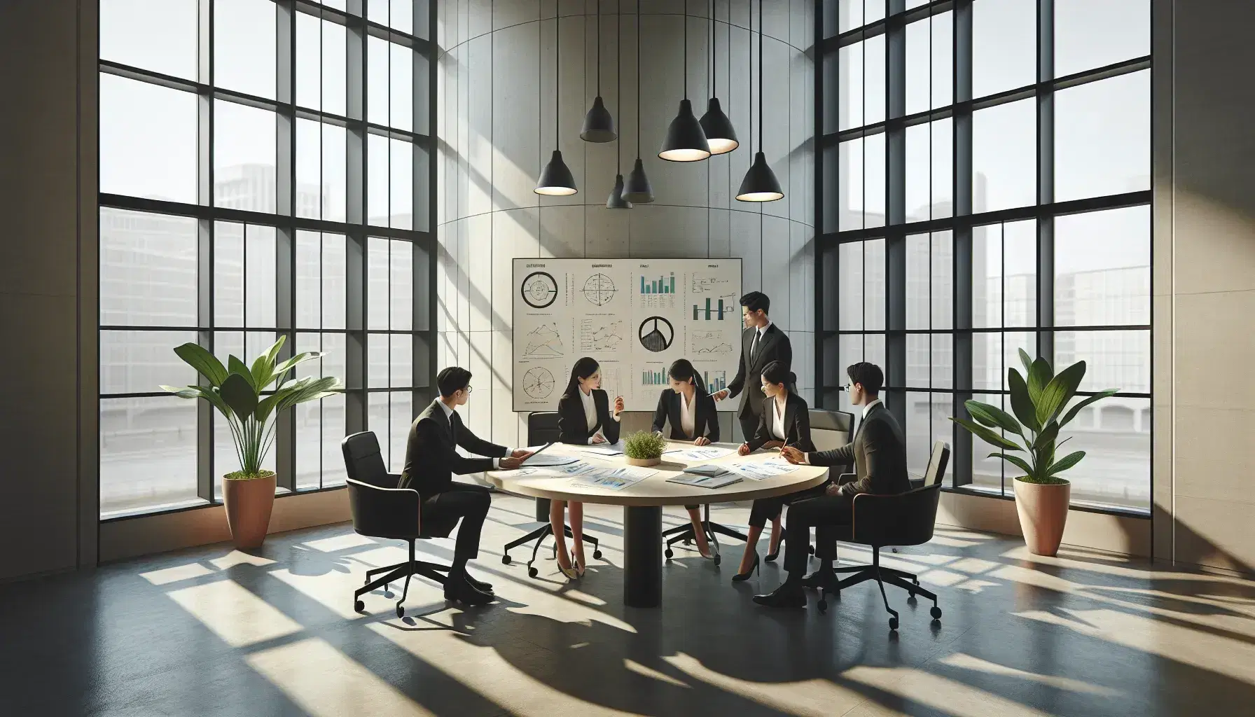 Oficina moderna y luminosa con mesa redonda y sillas ergonómicas negras, personas en trajes discutiendo documentos y pizarra al fondo.