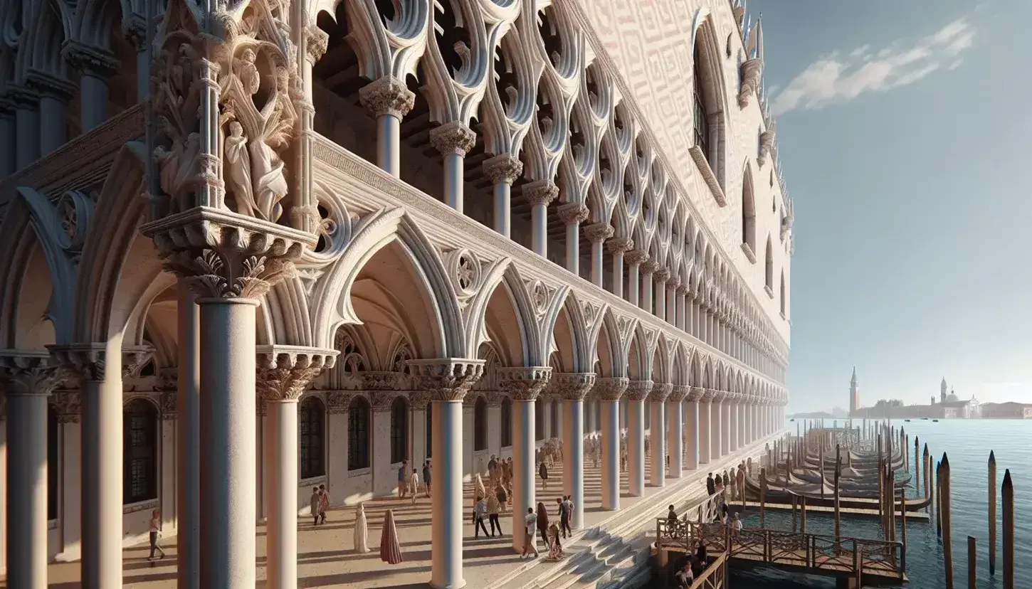 Palazzo Ducale di Venezia con archi gotici a sesto acuto, colonne scolpite e cielo azzurro, persone passeggiano sul molo.