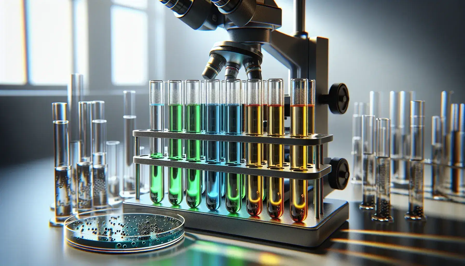 Tubos de ensayo con líquidos de colores azul, verde, amarillo y rojo en soporte metálico y microscopio de laboratorio con placa de Petri y colonias bacterianas.
