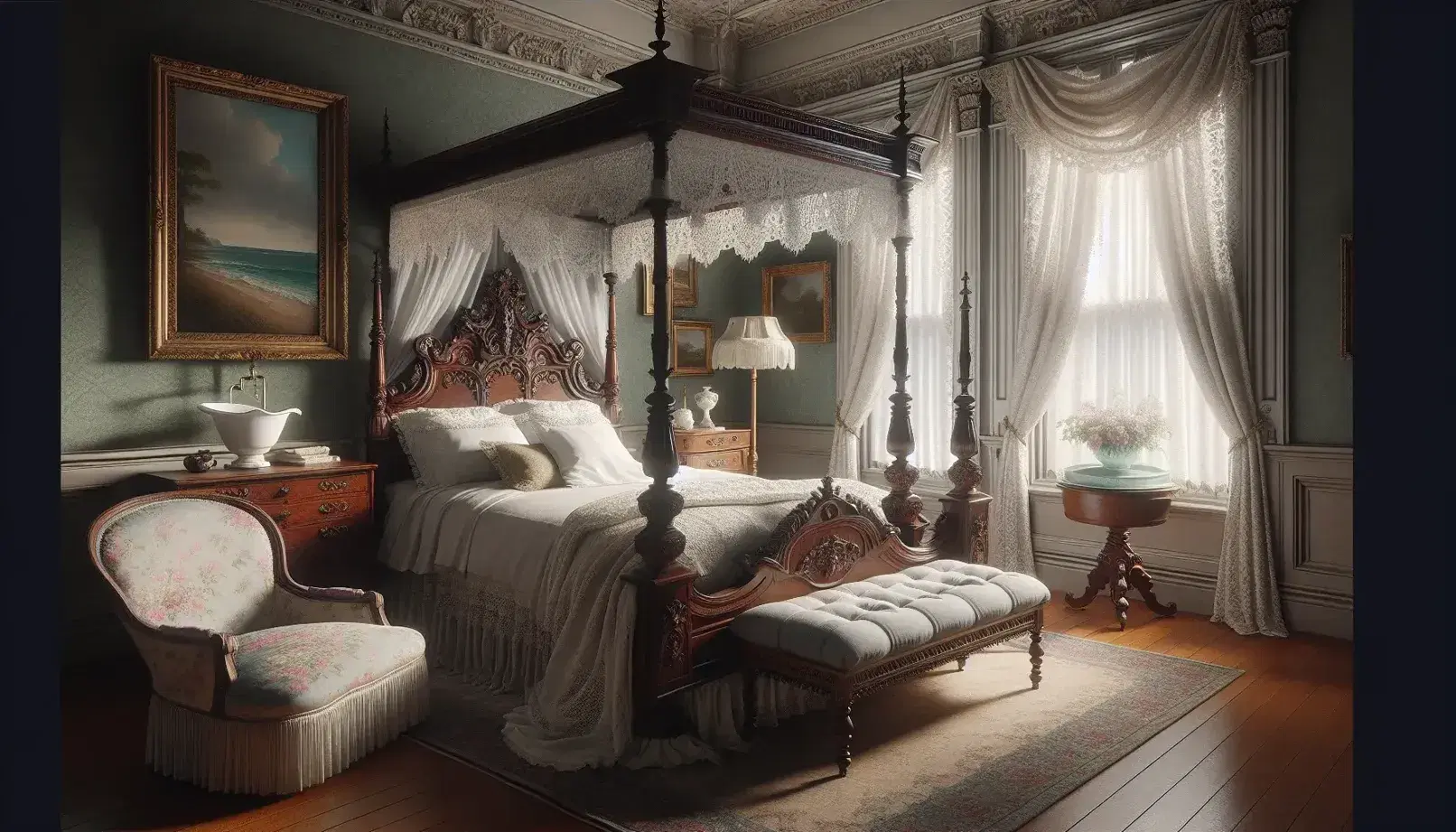 Victorian-style bedroom with a four-poster bed, sheer curtains, mahogany nightstand, porcelain washbasin, and a floral chaise lounge by a bay window.