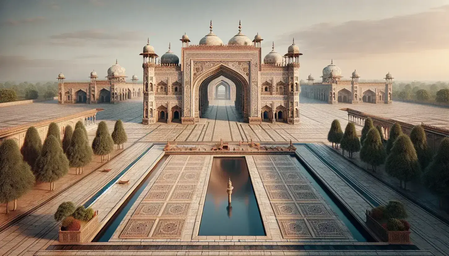 Grand Mughal architecture with ornate gateway, symmetrical courtyard, reflecting pool, and a white marble domed mosque under a clear blue sky.