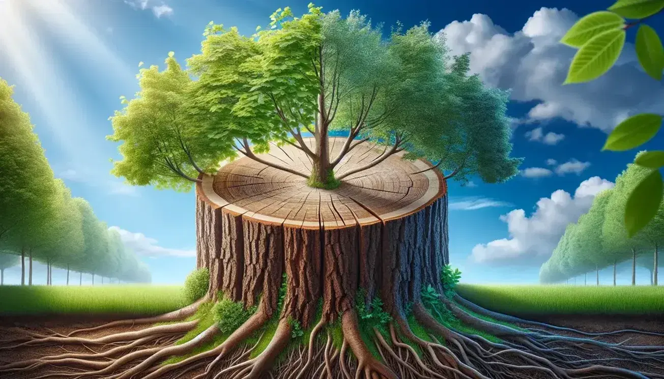 Tronco d'albero tagliato verticalmente con anelli di crescita visibili, circondato da erba verde, rami fogliosi e cielo azzurro con nuvole.