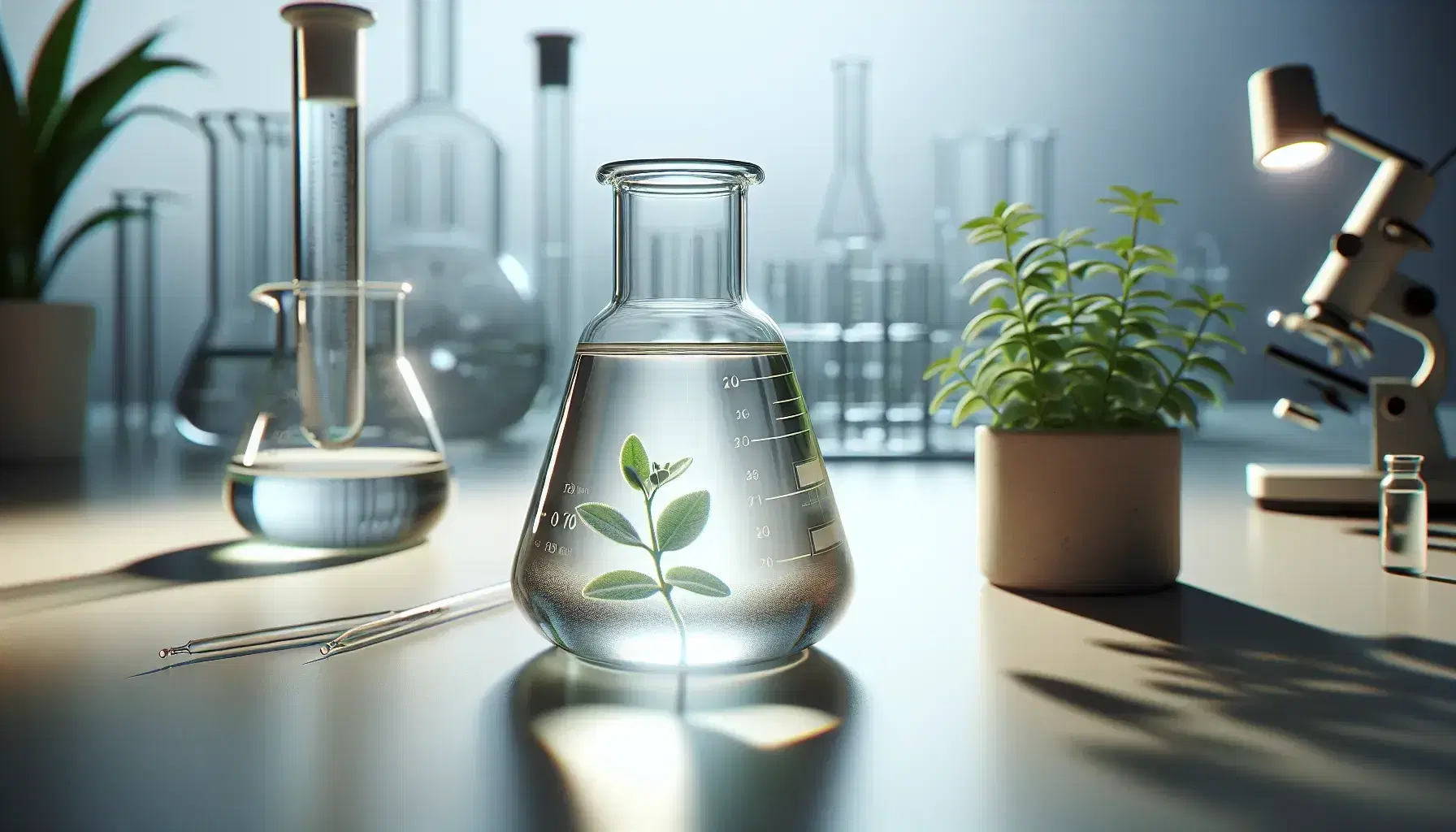 Glass laboratory bottle with transparent liquid, pure prenol, on white surface, green plant in blurred terracotta pot, laboratory equipment in background.