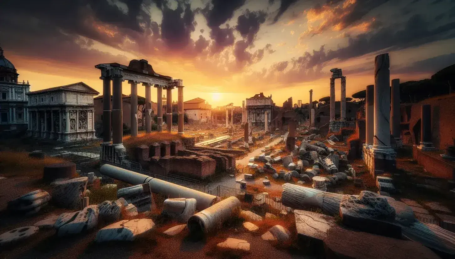 Tramonto sul Foro Romano con rovine di colonne e archi antichi, cielo sfumato in giallo, rosa e viola, senza persone.