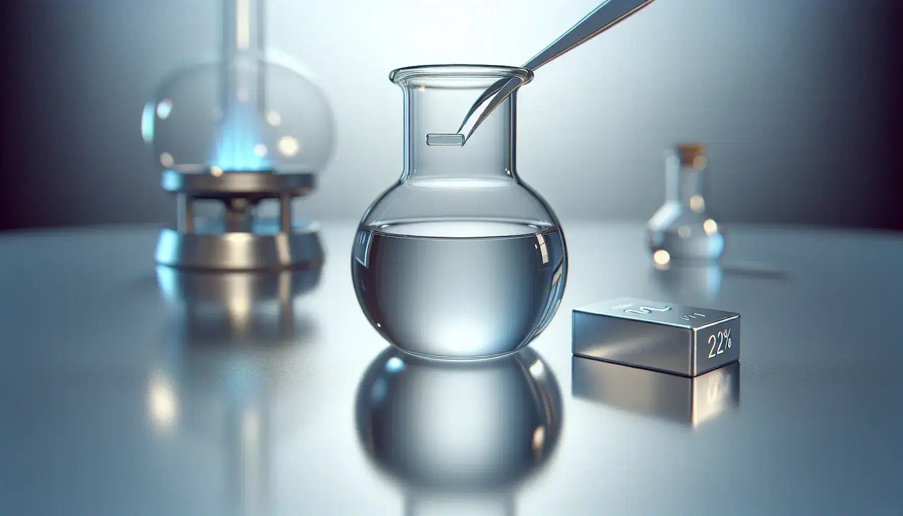 Glass flask with colorless liquid on reflective surface, steel tweezers hold a metal strip, lit Bunsen burner in the background.