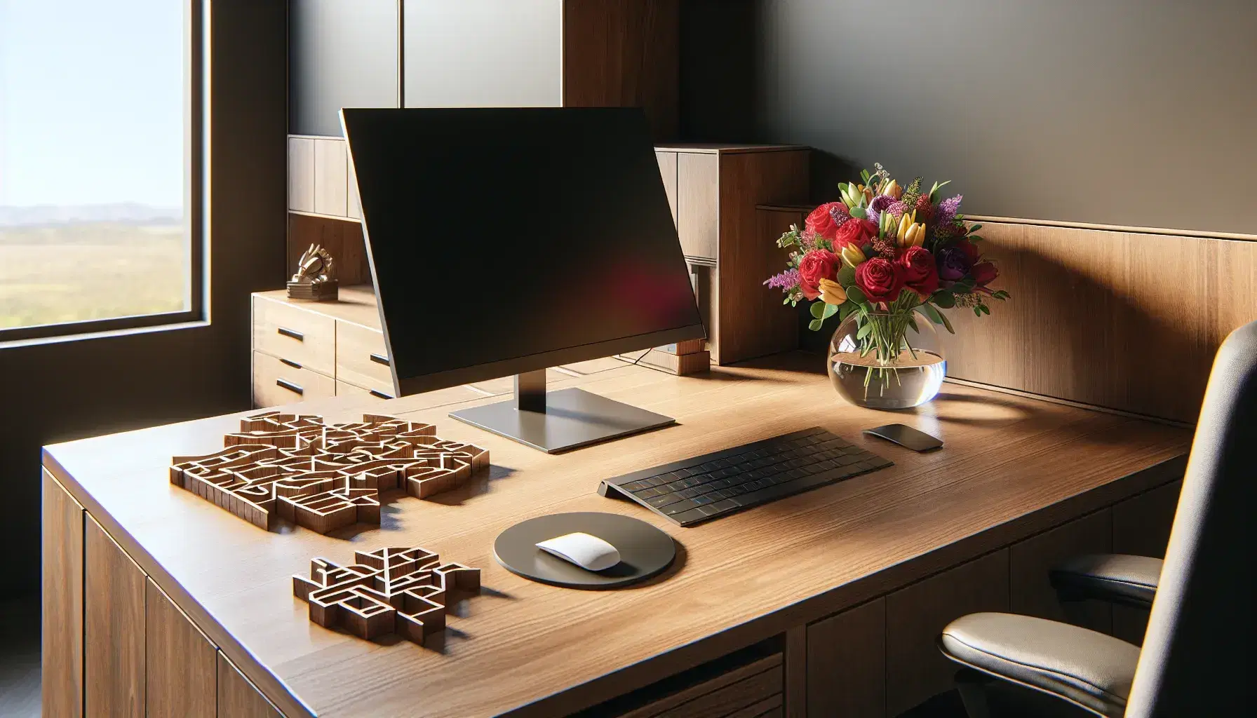 Tidy office space with wooden desk, turned off modern computer, vase of colorful flowers and three-dimensional wooden puzzle, bookcase full of books.