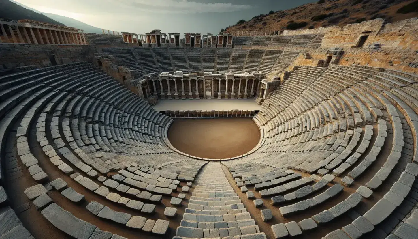 Teatro griego antiguo al aire libre con orquesta circular de tierra ocre, gradas semicirculares de piedra y escenario con columnas en un día soleado.