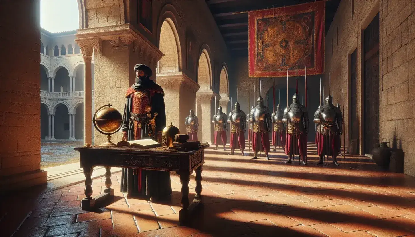 Hombre del Medio Oriente en atuendo renacentista en un salón con arcos, mesa con casco y globo, espada ornamental y soldados en formación bajo cielo azul.